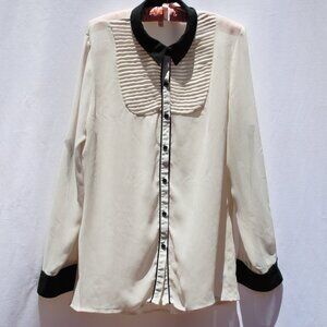 Xhilaration Black and White Long Sleeve Collared Blouse Women's (XXL)
